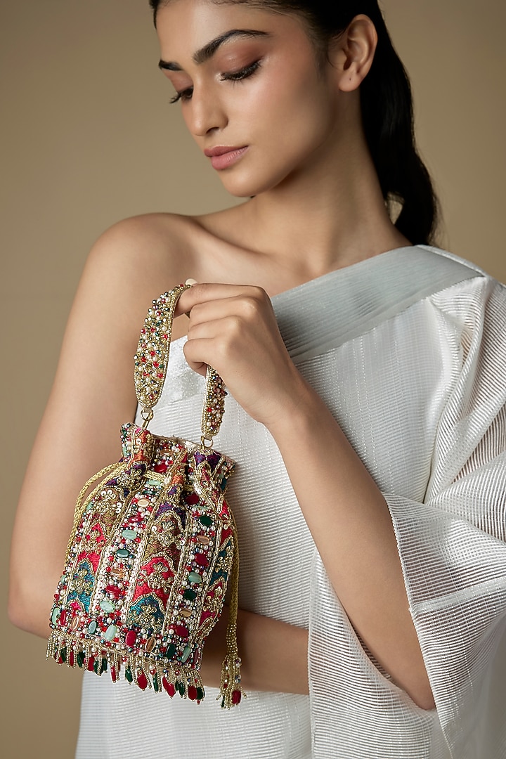 Multi-Colored Satin & Vegan Leather Potli by BEAU MONDE at Pernia's Pop Up Shop