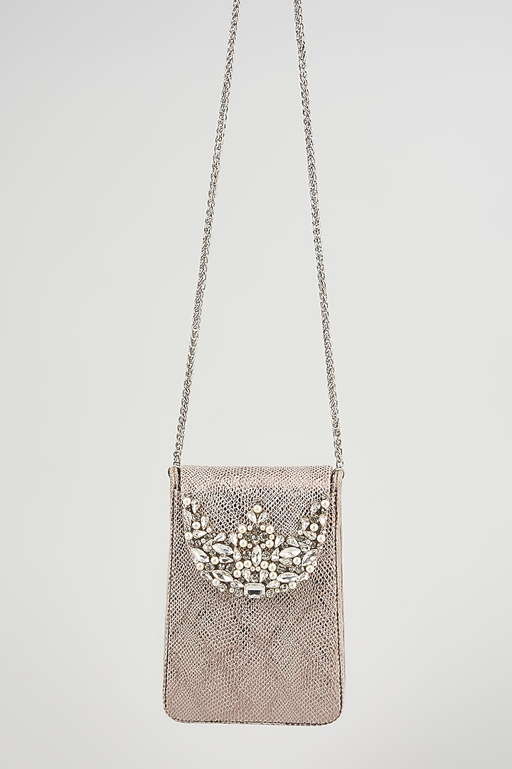 Silver Vegan Leather Embroidered Clutch by BEAU MONDE at Pernia's Pop Up Shop