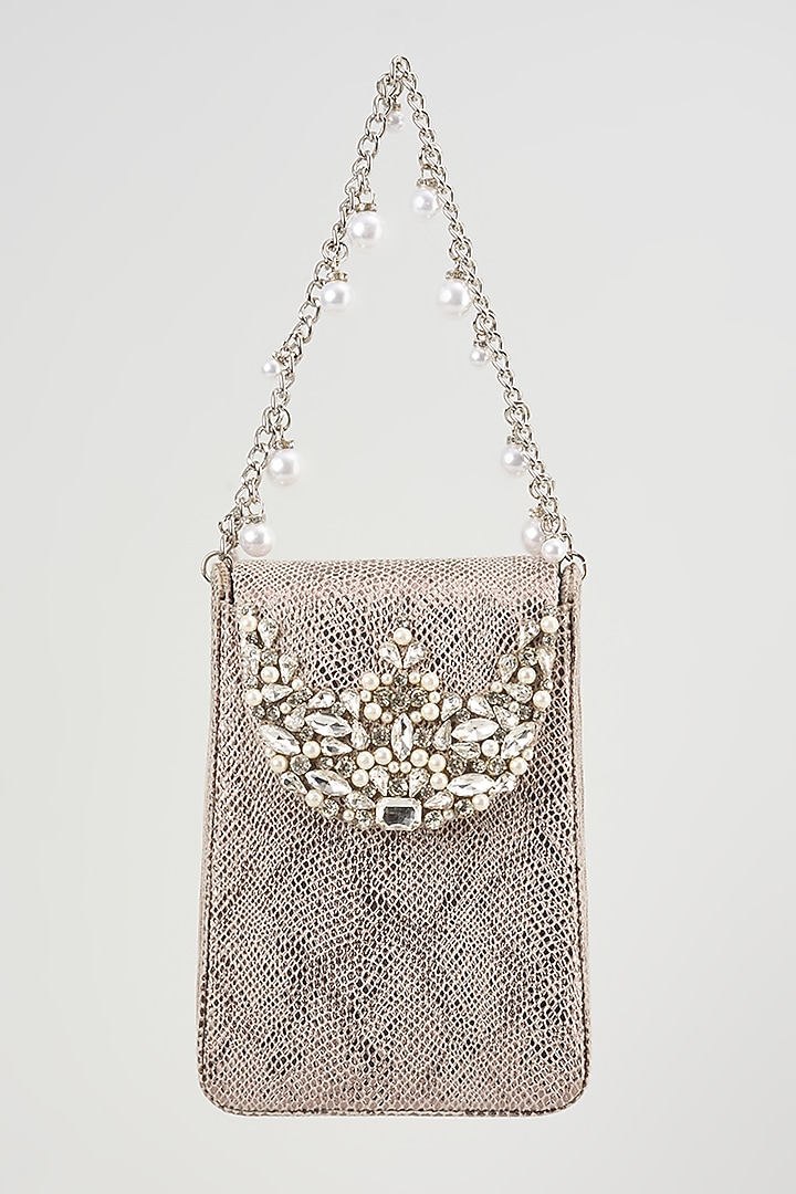 Silver Vegan Leather Embroidered Clutch by BEAU MONDE at Pernia's Pop Up Shop