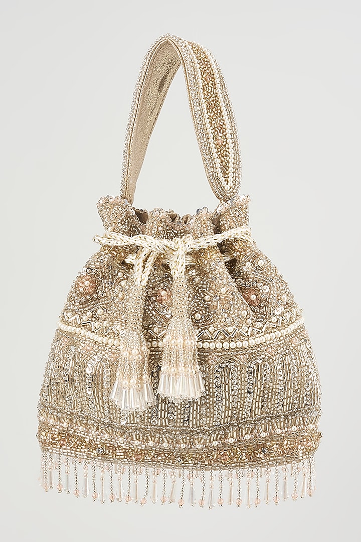Silver Faux Leather Hand Embroidered Potli by BEAU MONDE at Pernia's Pop Up Shop