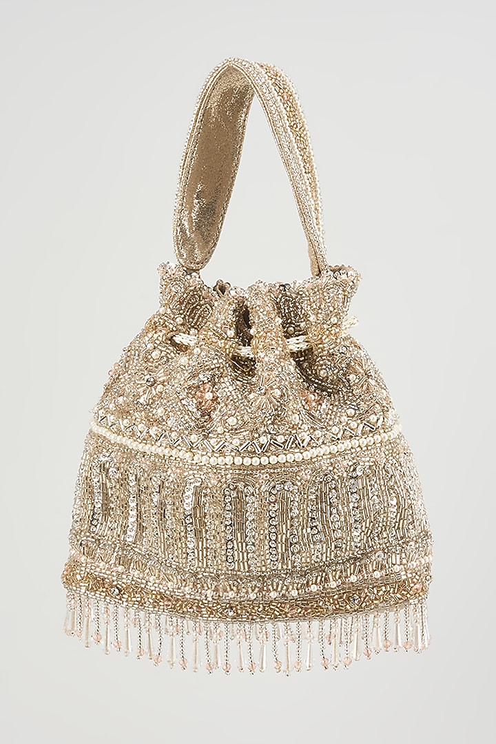 Silver Faux Leather Hand Embroidered Potli by BEAU MONDE at Pernia's Pop Up Shop