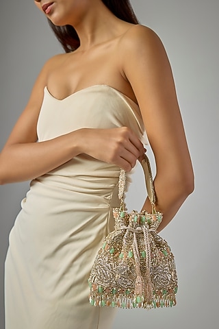 Silver Faux Leather Hand Embroidered Potli by BEAU MONDE