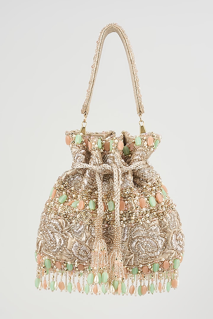 Silver Faux Leather Hand Embroidered Potli by BEAU MONDE at Pernia's Pop Up Shop