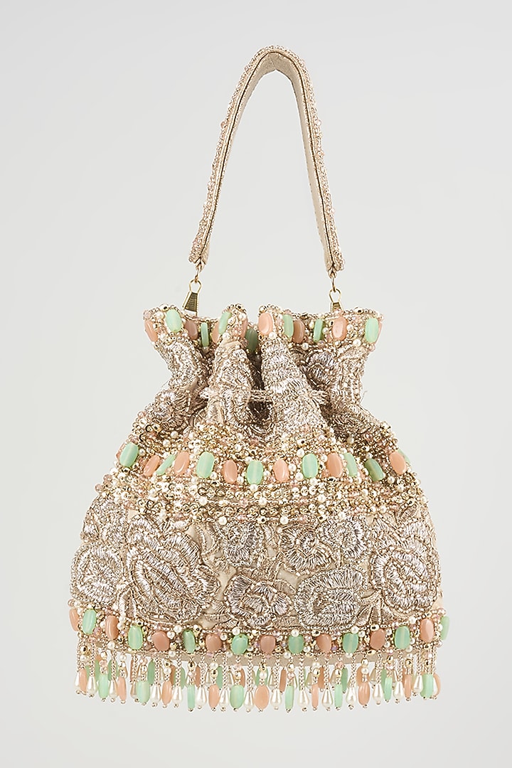Silver Faux Leather Hand Embroidered Potli by BEAU MONDE at Pernia's Pop Up Shop