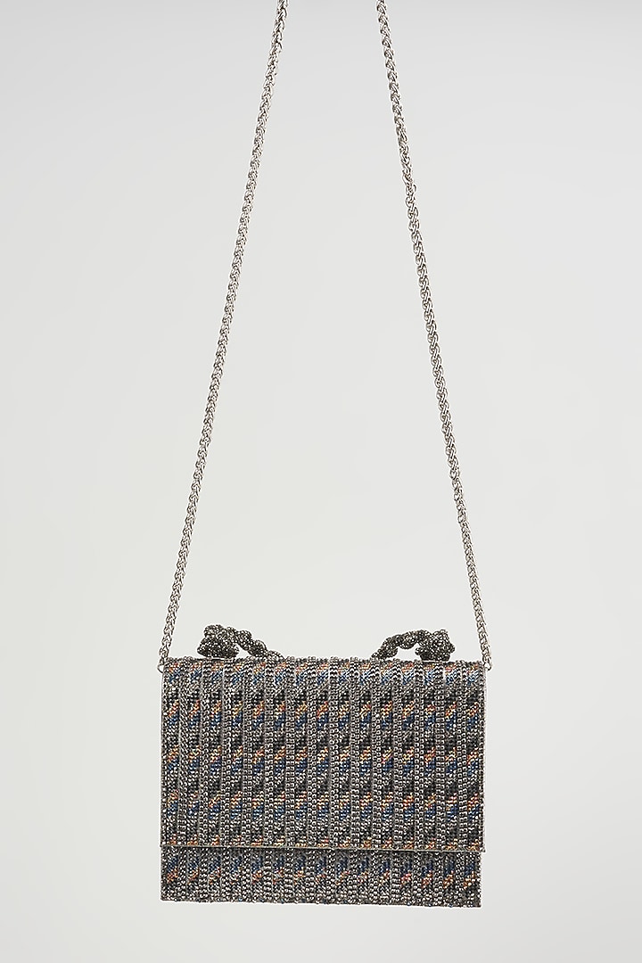 Black-Silver Vegan Leather Embellished Clutch by BEAU MONDE at Pernia's Pop Up Shop