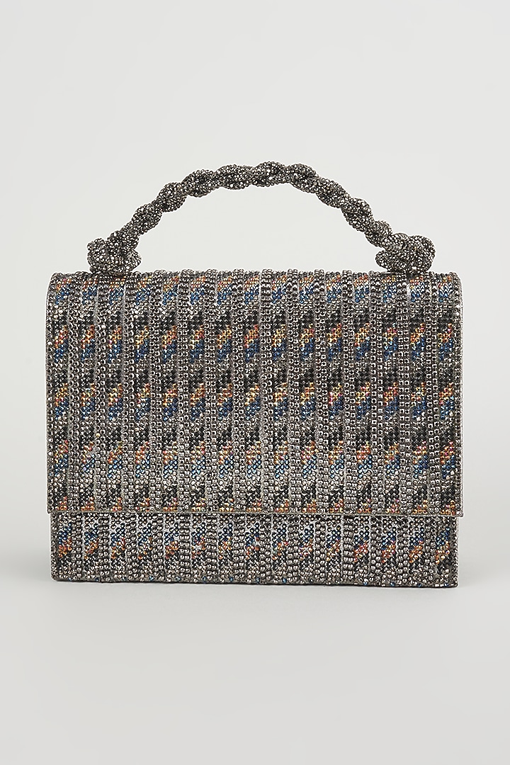 Black-Silver Vegan Leather Embellished Clutch by BEAU MONDE at Pernia's Pop Up Shop