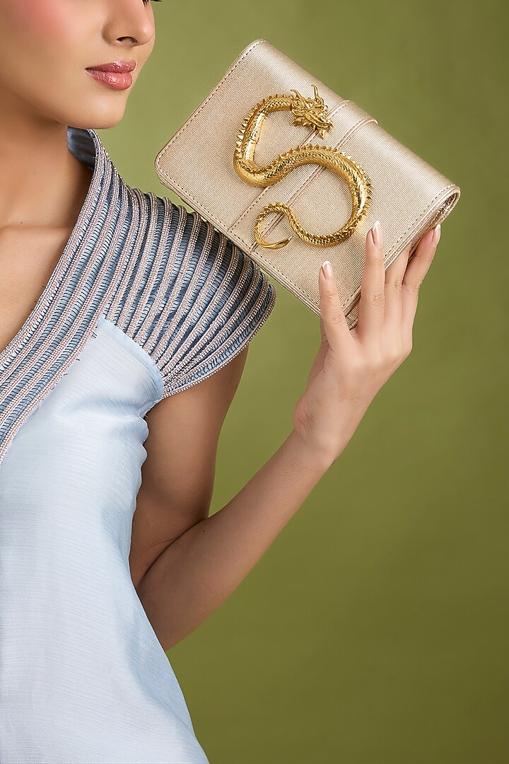 Gold Vegan Leather & Satin Clutch by BEAU MONDE at Pernia's Pop Up Shop
