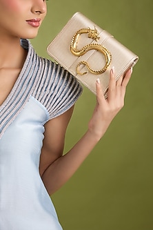 Gold Vegan Leather & Satin Clutch by BEAU MONDE-POPULAR PRODUCTS AT STORE