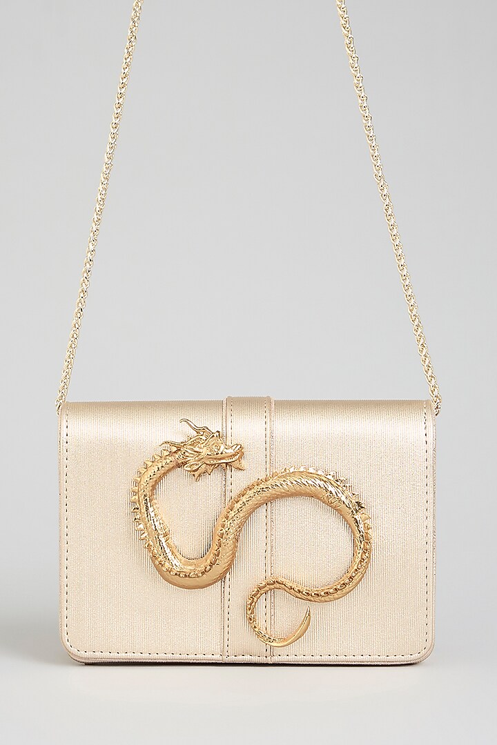 Gold Vegan Leather & Satin Clutch by BEAU MONDE at Pernia's Pop Up Shop