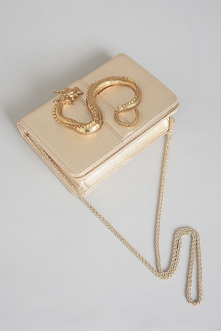 Gold Vegan Leather & Satin Clutch by BEAU MONDE at Pernia's Pop Up Shop