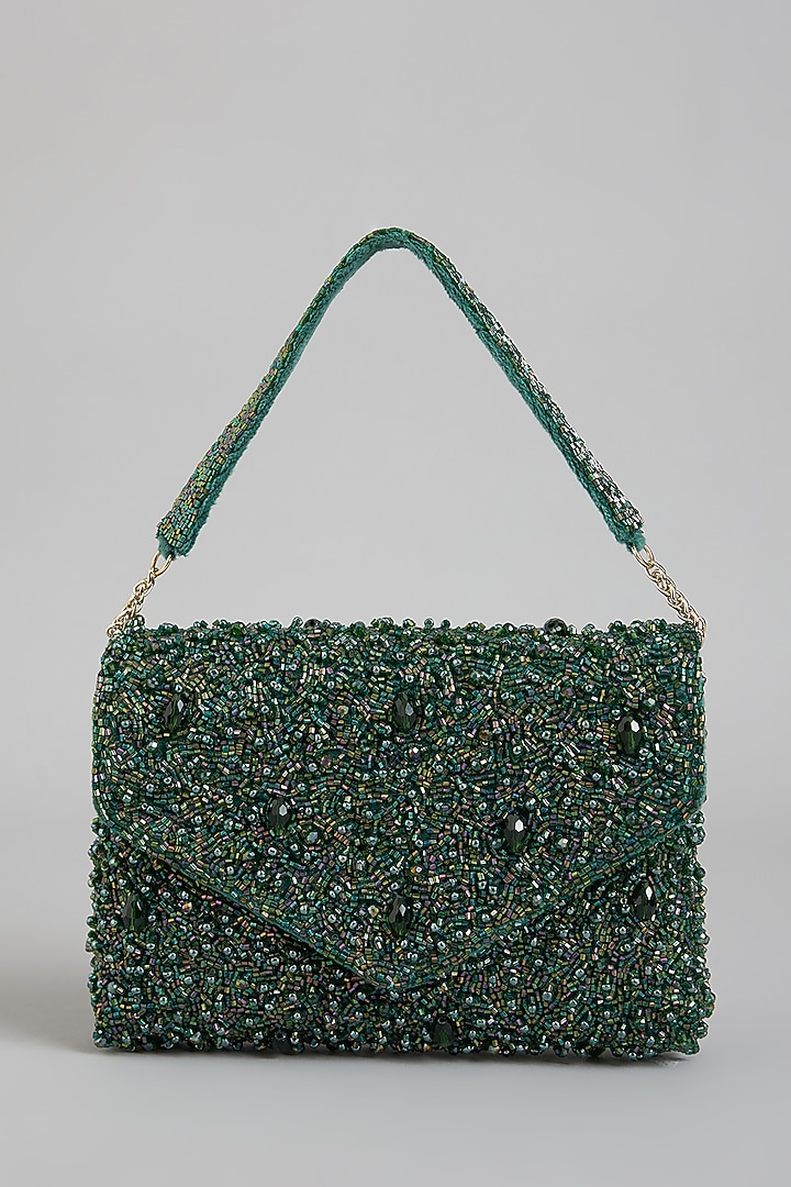 Green Shimmer Faux Leather Embroidered Clutch by BEAU MONDE at Pernia's Pop Up Shop