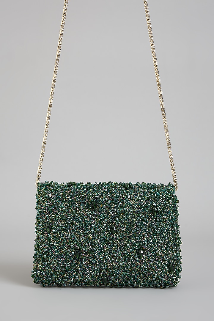 Green Shimmer Faux Leather Embroidered Clutch by BEAU MONDE at Pernia's Pop Up Shop