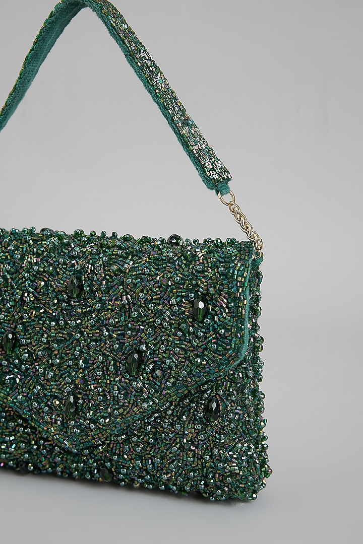 Green Shimmer Faux Leather Embroidered Clutch by BEAU MONDE at Pernia's Pop Up Shop