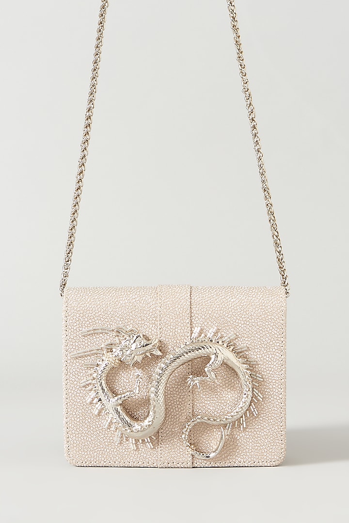Silver Faux Leather Embellished Clutch by BEAU MONDE