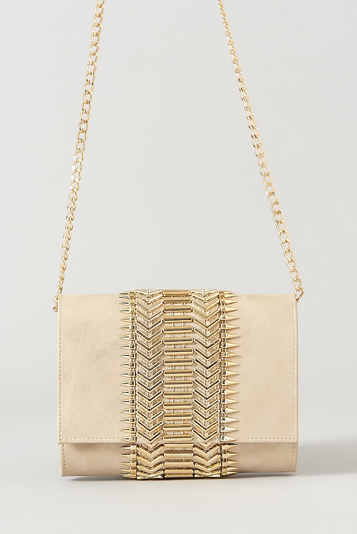 Light Gold Faux Leather Embellished Clutch by BEAU MONDE