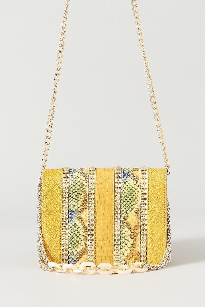 Mustard Yellow Faux Leather Embellished Cross Body Bag by BEAU MONDE