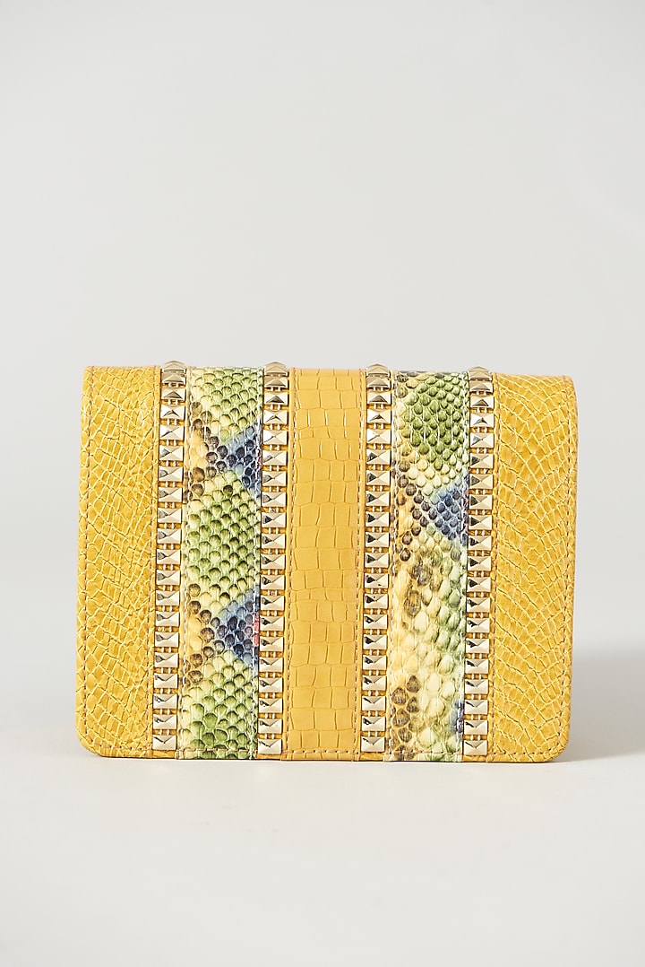 Mustard Yellow Faux Leather Embellished Cross Body Bag by BEAU MONDE at Pernia's Pop Up Shop