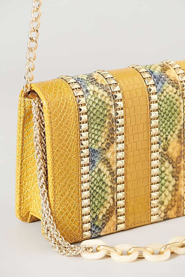 Mustard Yellow Faux Leather Embellished Cross Body Bag by BEAU MONDE at Pernia's Pop Up Shop
