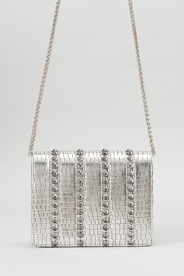 Silver Faux Leather Embellished Cross Body Bag by BEAU MONDE