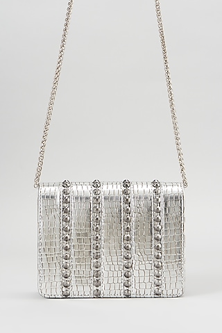 Silver Faux Leather Embellished Cross Body Bag by BEAU MONDE
