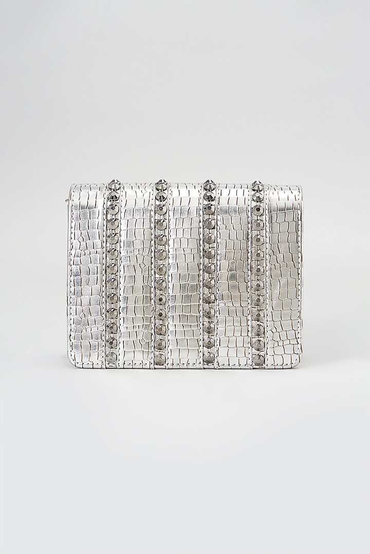 Silver Faux Leather Embellished Cross Body Bag by BEAU MONDE at Pernia's Pop Up Shop