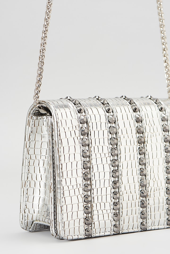 Silver Faux Leather Embellished Cross Body Bag by BEAU MONDE at Pernia's Pop Up Shop