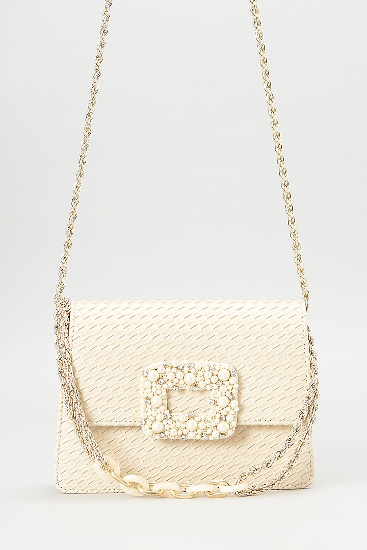 Ivory Vegan Leather Hand Embellished Clutch by BEAU MONDE at Pernia's Pop Up Shop