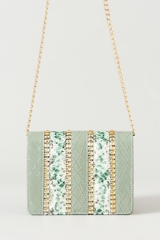 Sage Green Vegan Leather Emebellished Crossbody Bag by BEAU MONDE