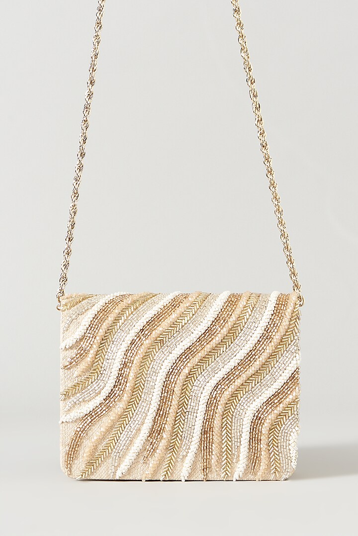 Ivory & Rose Gold Vegan Leather Hand Embellished Clutch by BEAU MONDE