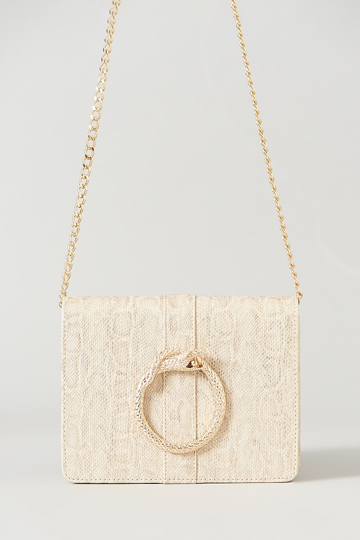 Ivory & Gold Vegan Leather Embellished Clutch by BEAU MONDE