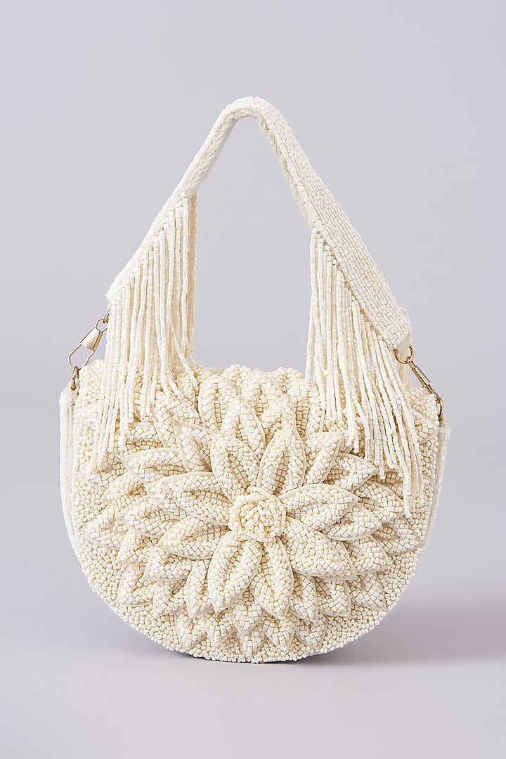 White Vegan Leather Hand Embellished Clutch by BEAU MONDE at Pernia's Pop Up Shop