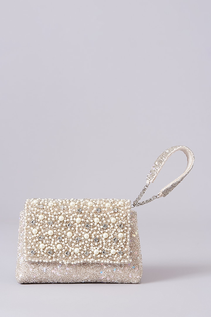 White Vegan Leather Embellished Clutch by BEAU MONDE at Pernia's Pop Up Shop