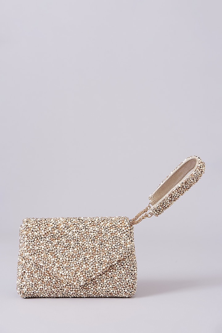 White Vegan Leather Embellished Clutch by BEAU MONDE at Pernia's Pop Up Shop