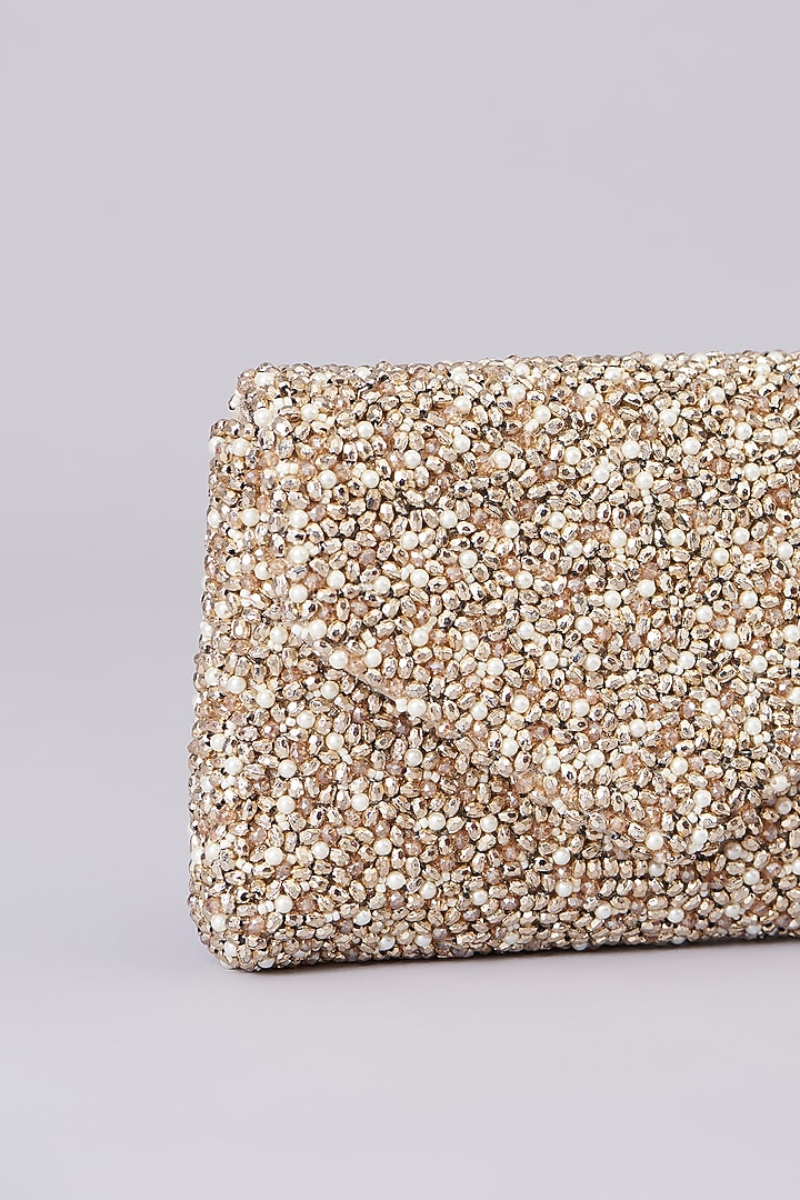 White Vegan Leather Embellished Clutch by BEAU MONDE at Pernia's Pop Up Shop