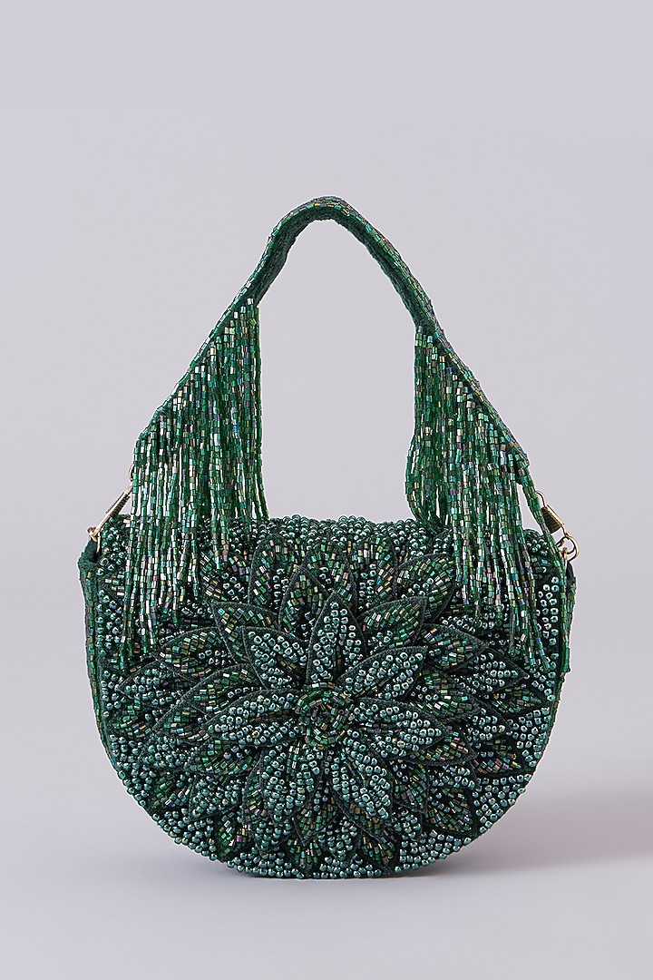Green Vegan Leather Hand Embellished Clutch by BEAU MONDE at Pernia's Pop Up Shop