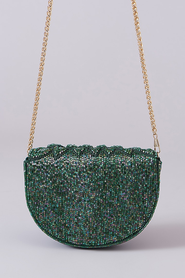 Green Vegan Leather Hand Embellished Clutch by BEAU MONDE at Pernia's Pop Up Shop