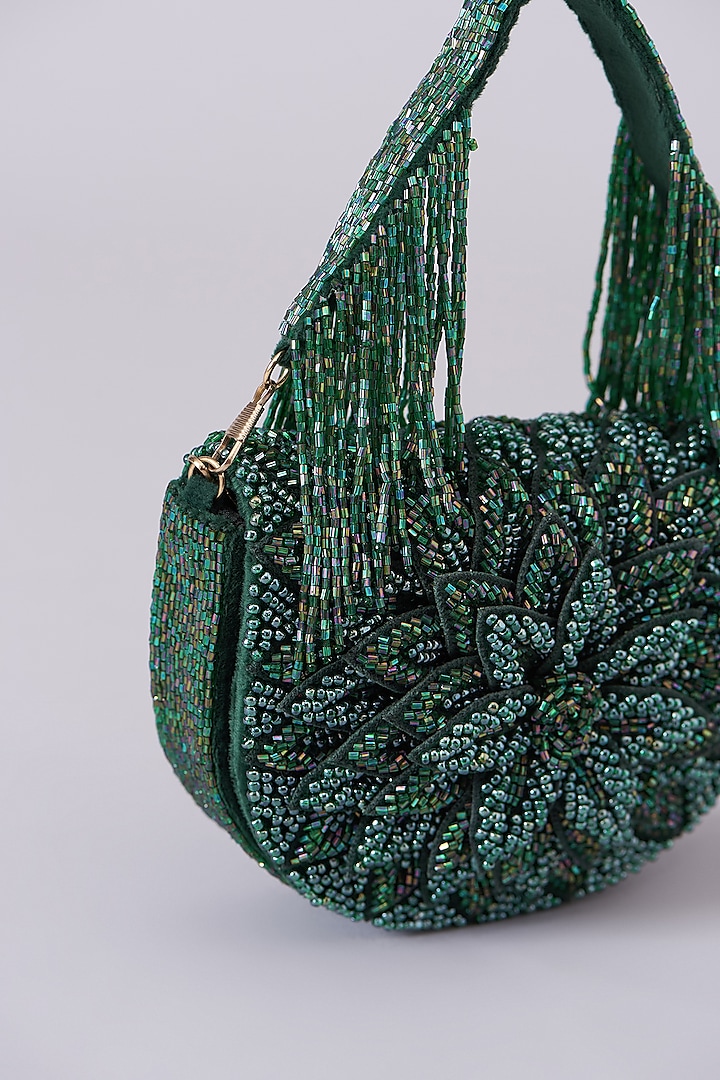 Green Vegan Leather Hand Embellished Clutch by BEAU MONDE at Pernia's Pop Up Shop