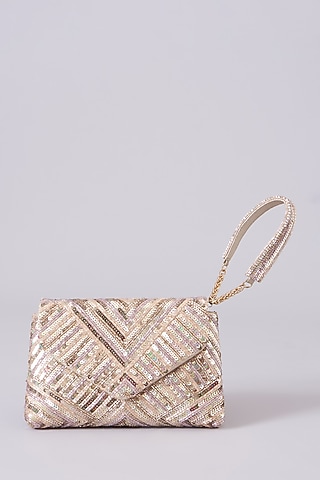 Silver Vegan Leather Embellished Clutch by BEAU MONDE