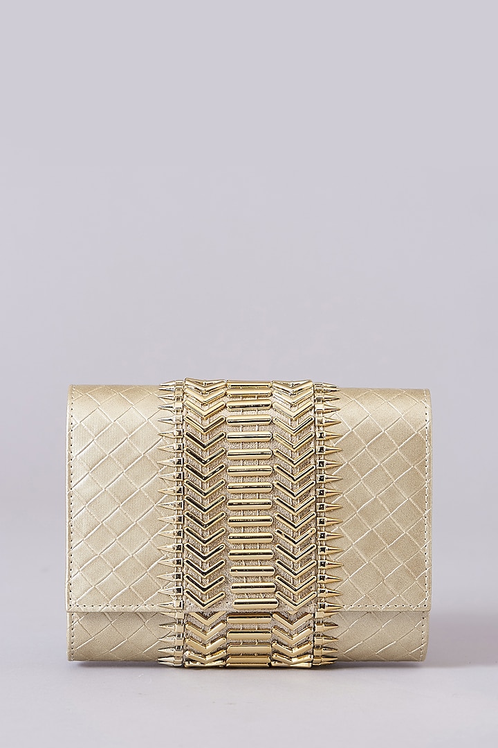 Gold Vegan Leather Embellished Clutch by BEAU MONDE at Pernia's Pop Up Shop