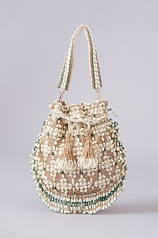 Beige Velvet Embellished Potli by BEAU MONDE