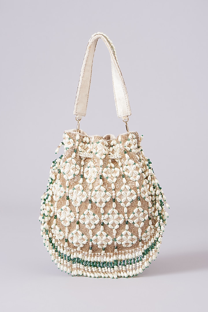 Beige Velvet Embellished Potli by BEAU MONDE at Pernia's Pop Up Shop