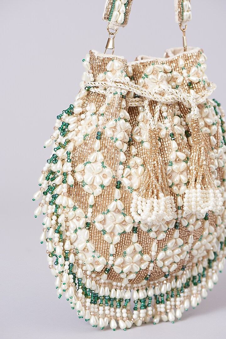 Beige Velvet Embellished Potli by BEAU MONDE at Pernia's Pop Up Shop