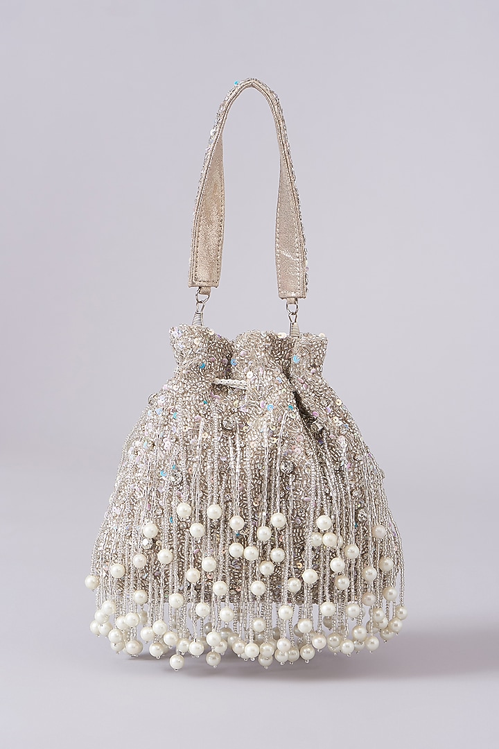 Silver Velvet Embellished Potli by BEAU MONDE at Pernia's Pop Up Shop