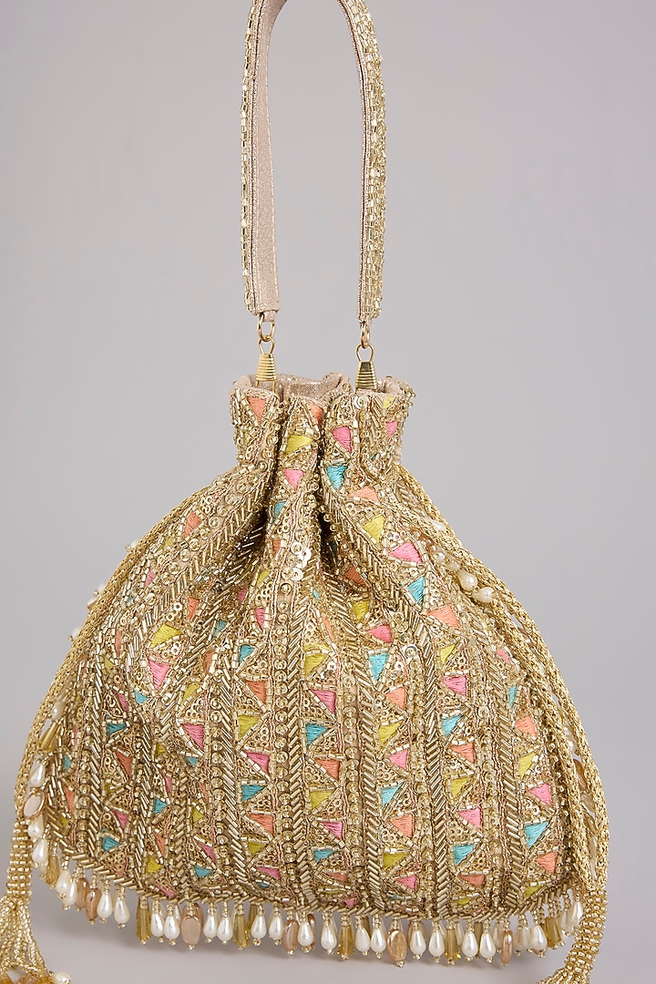 Gold Satin & Faux Leather Potli by BEAU MONDE at Pernia's Pop Up Shop