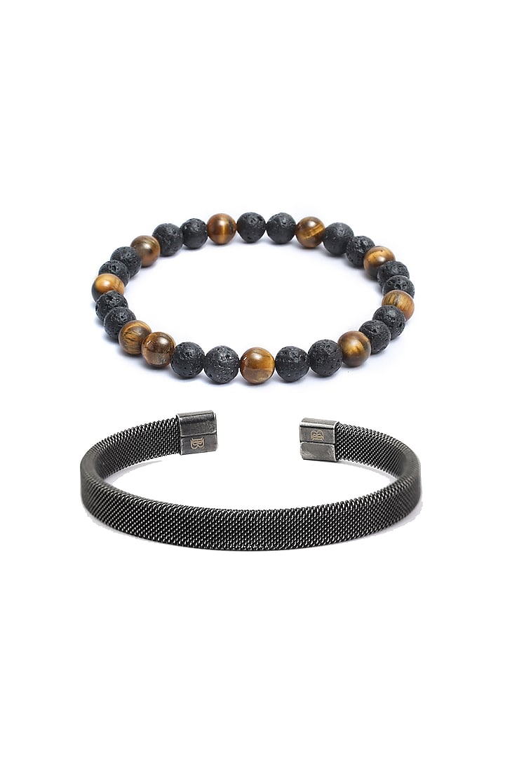 Black Bead & Stainless Steel Bracelet Set by Bebajrang