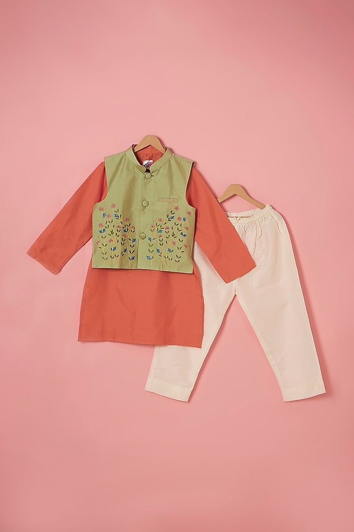 Pista Green Cotton Silk Thread Hand Embroidered Bundi Jacket Set For Boys by Be Bonnie