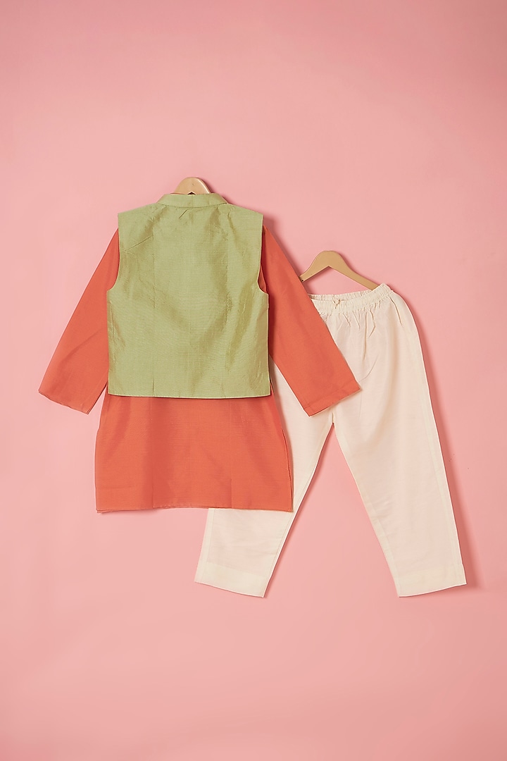 Pista Green Cotton Silk Thread Hand Embroidered Bundi Jacket Set For Boys by Be Bonnie at Pernia's Pop Up Shop