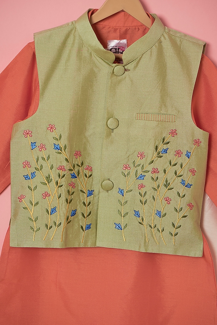 Pista Green Cotton Silk Thread Hand Embroidered Bundi Jacket Set For Boys by Be Bonnie at Pernia's Pop Up Shop