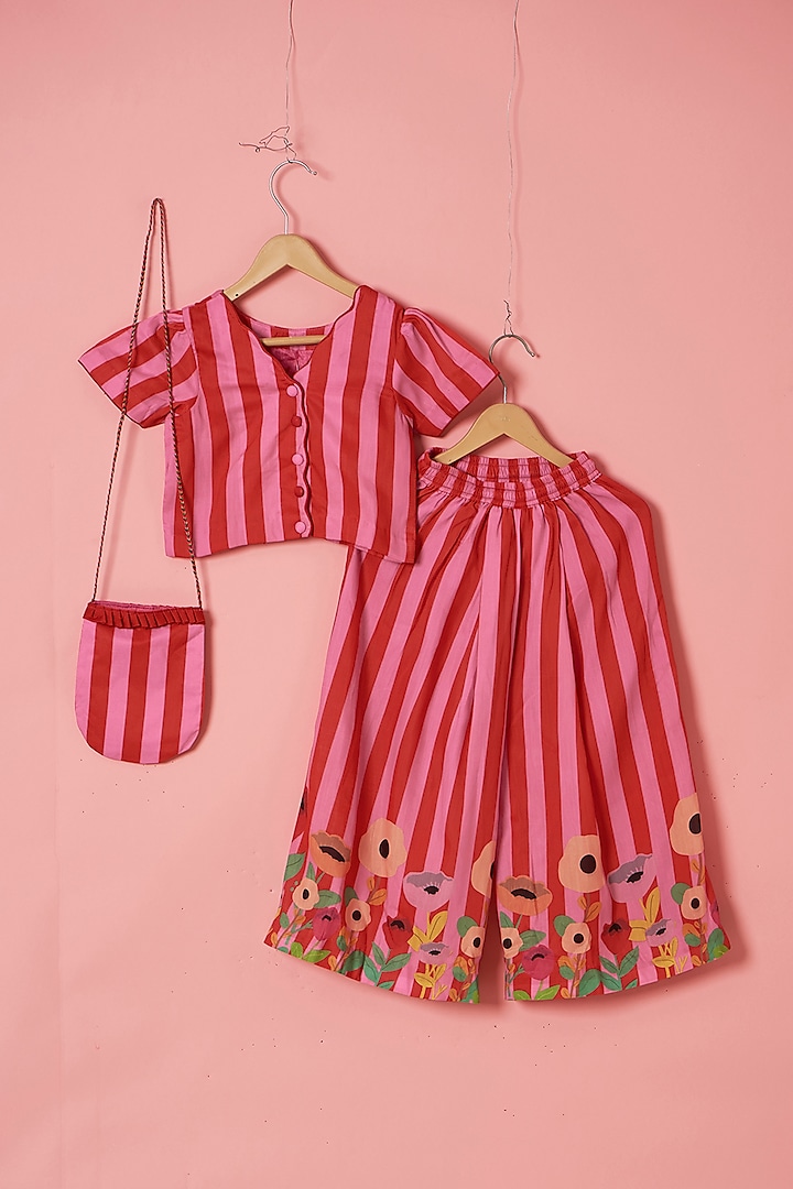 Pink Muslin Floral & Stripe Printed Palazzo Pant Set For Girls by Be Bonnie at Pernia's Pop Up Shop