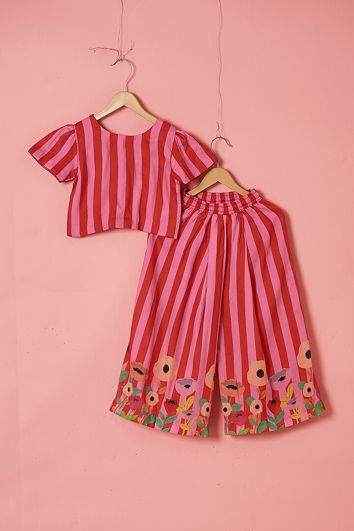 Pink Muslin Floral & Stripe Printed Palazzo Pant Set For Girls by Be Bonnie at Pernia's Pop Up Shop